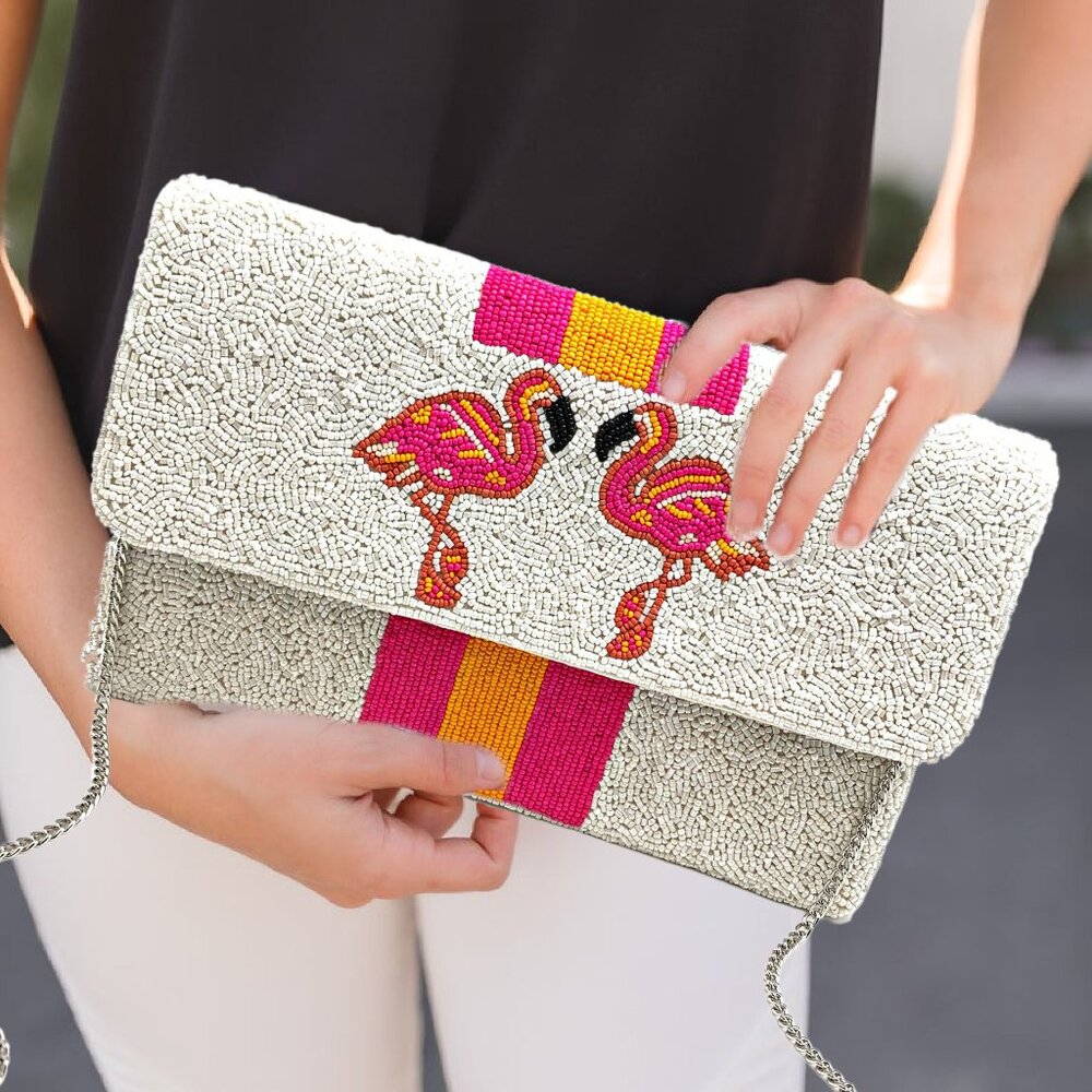 Pink Flamingo Bird Beaded Crossbody Chain Vacation Clutch Boho Handbag